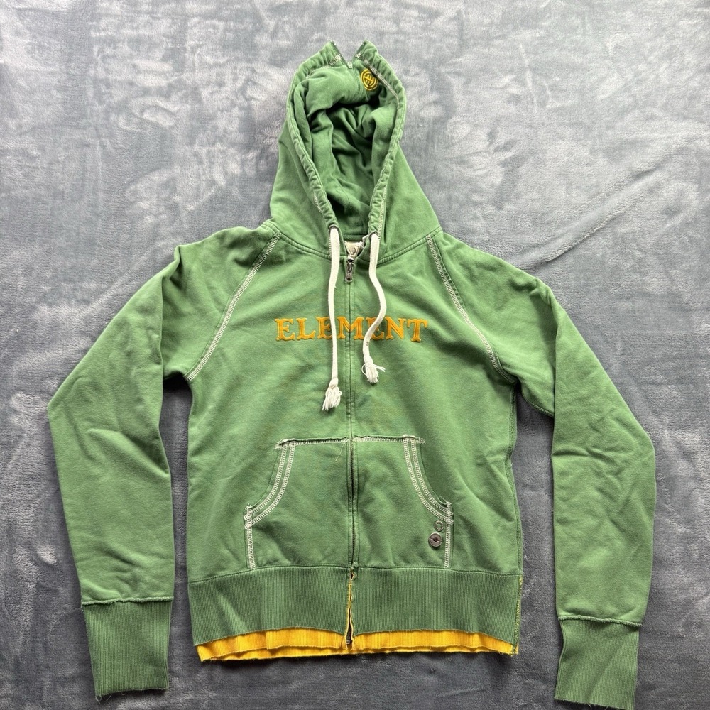 Vintage Y2K Element Green Full Zip Hoodie Raw Edge Distressed Womens L Skate